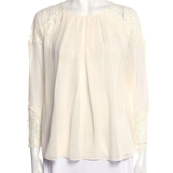 ALICE + OLIVIA Ivory Danyelle Lace Detail Bateau Neckline Sleeve Silk Blouse - Picture 8 of 11
